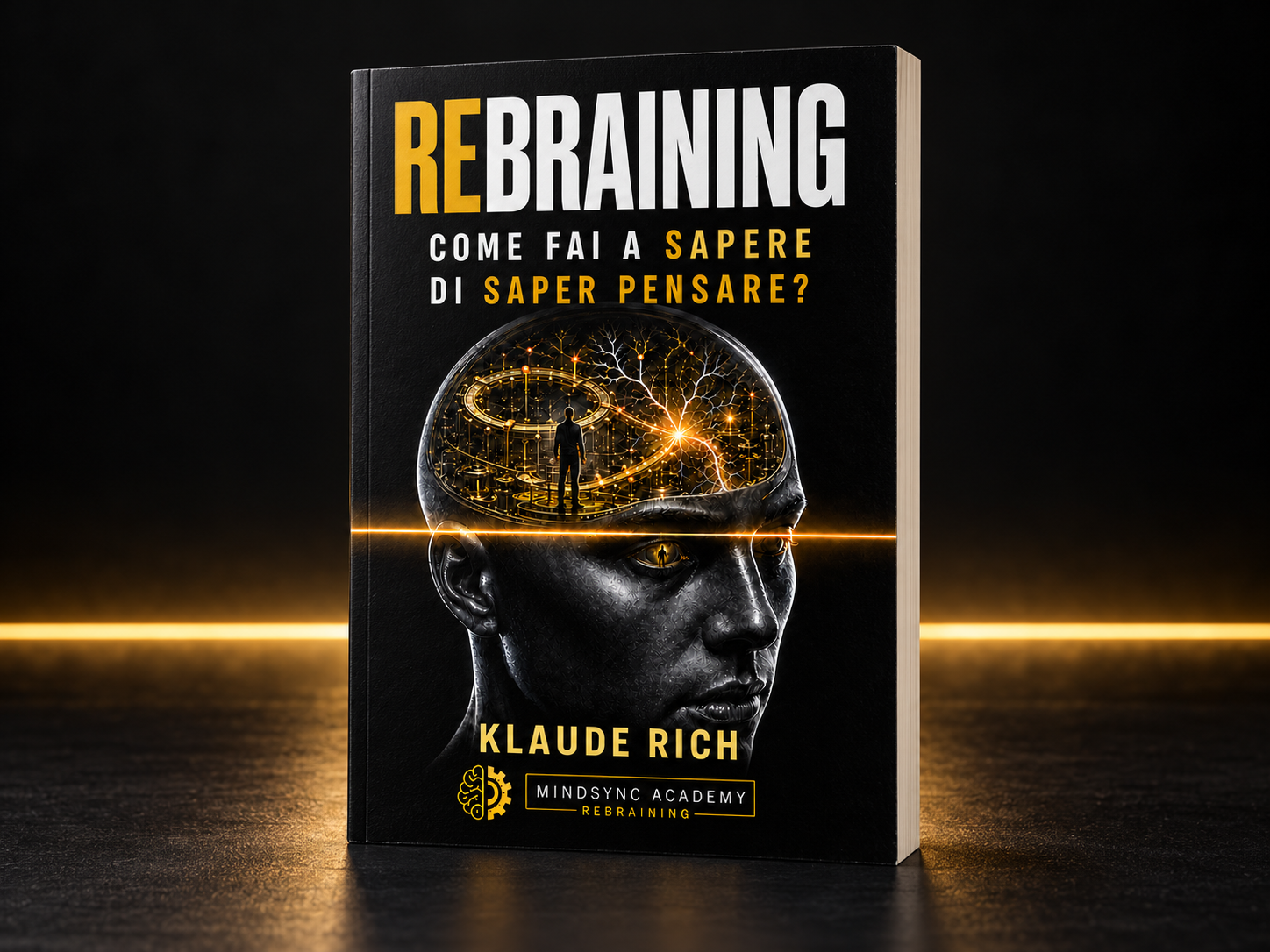 Il libro ReBraining di Klaude Rich, con la sua copertina originale, su un tavolo nero attraversato da luce dorata.